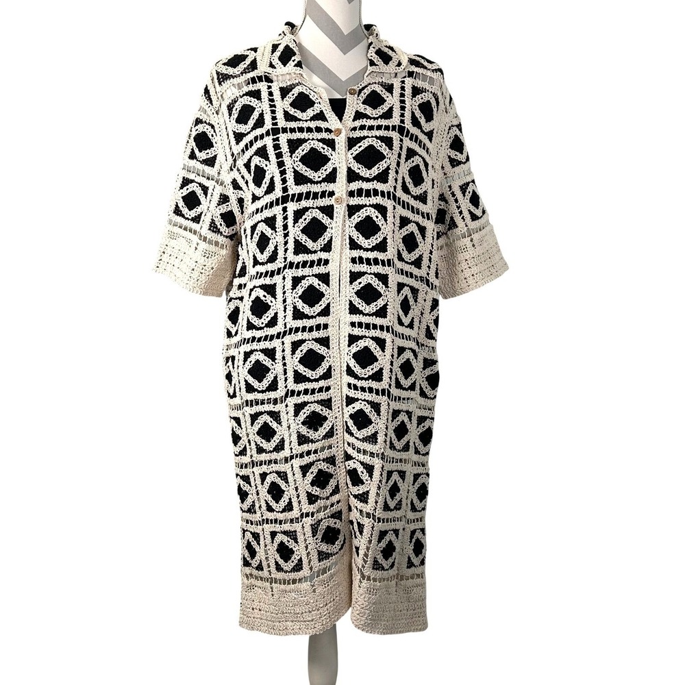 Solitaire Crochet Granny Duster Cardigan Womens Large Black Cream Geometric Boho